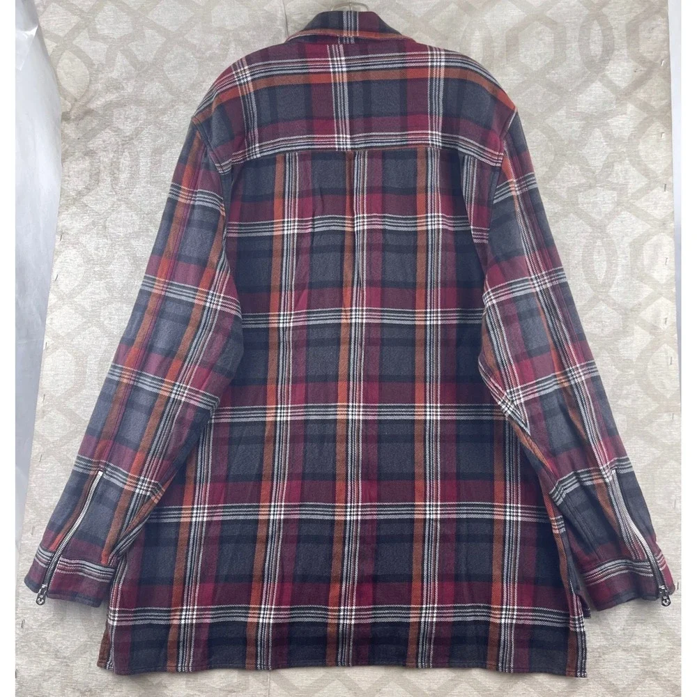True Religion Mens Full Zip Plaid Flannel Shirt‎ Jacket Red Grey 2XL MSGBD8BY5